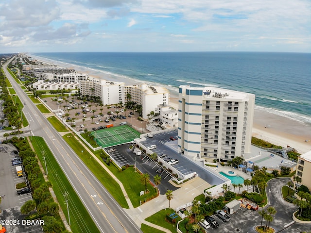 aerial view featuring a water view and a view of the beach