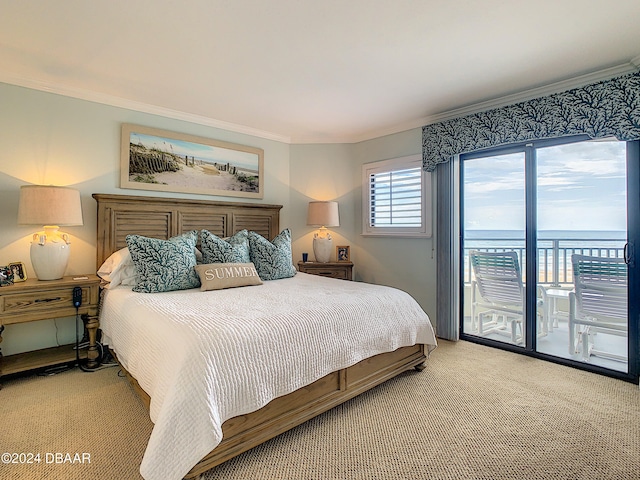 bedroom featuring access to outside, a water view, light carpet, and ornamental molding