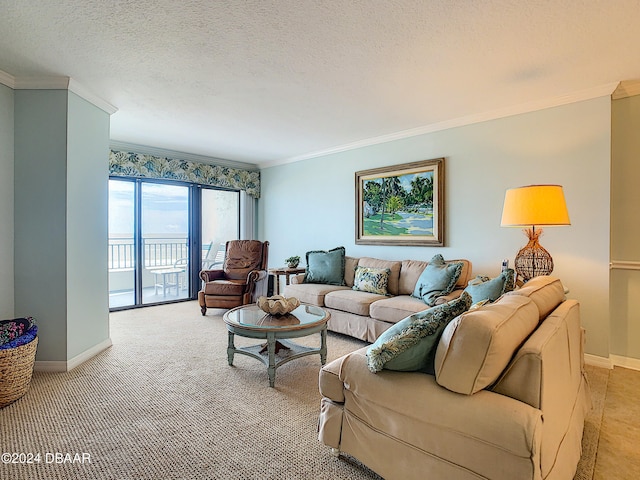 living room featuring light colored carpet, a textured ceiling, and ornamental molding