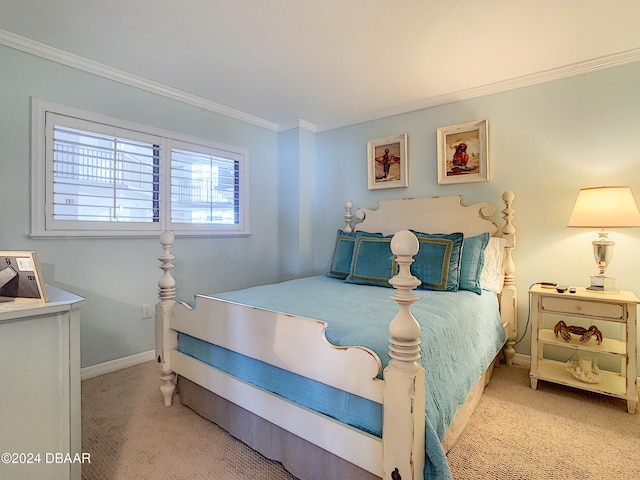 bedroom featuring light carpet and crown molding