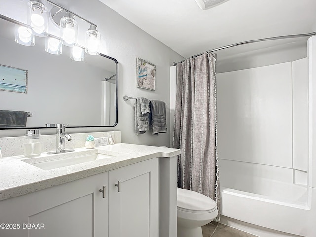 bathroom with toilet, shower / bathtub combination with curtain, tile patterned flooring, and vanity