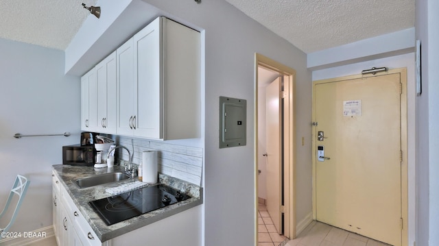 kitchen featuring tasteful backsplash, electric panel, sink, and white cabinets