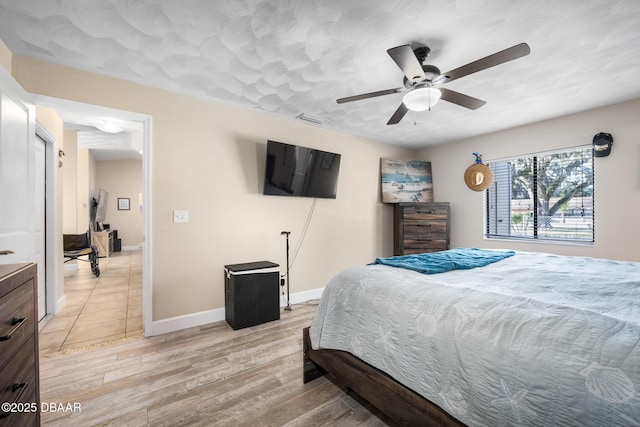 bedroom featuring light hardwood / wood-style floors and ceiling fan