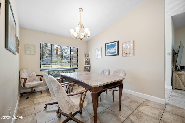 dining room featuring light tile patterned flooring, vaulted ceiling, and a notable chandelier