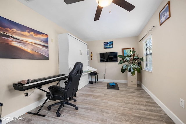 office space featuring ceiling fan and light hardwood / wood-style floors