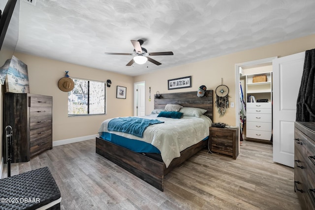 bedroom with a walk in closet, a closet, ceiling fan, and light wood-type flooring