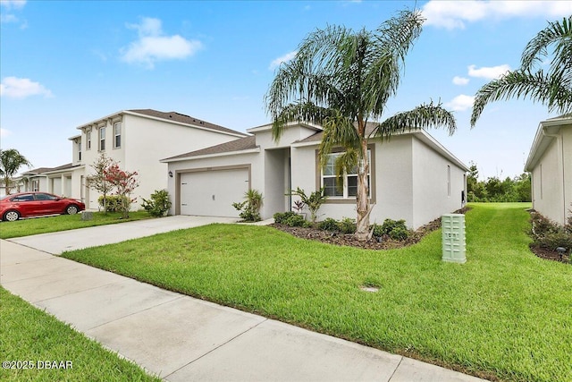 2714 Neverland Dr, New Smyrna Beach, FL 32168 - view of front of property featuring stucco siding, an attached garage, concrete driveway, and a front lawn