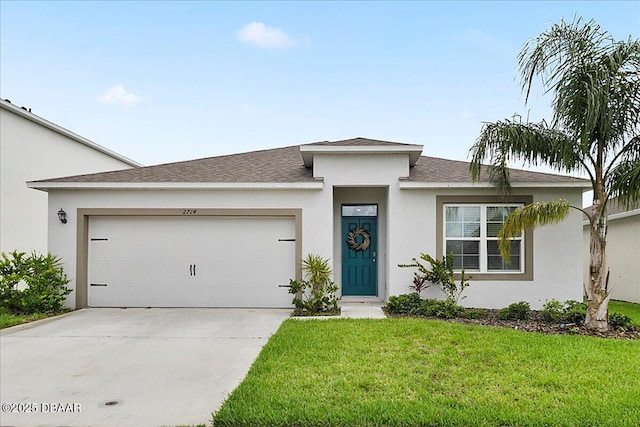 2714 Neverland Dr, New Smyrna Beach, FL 32168 - view of front of home with an attached garage, concrete driveway, a front lawn, and stucco siding