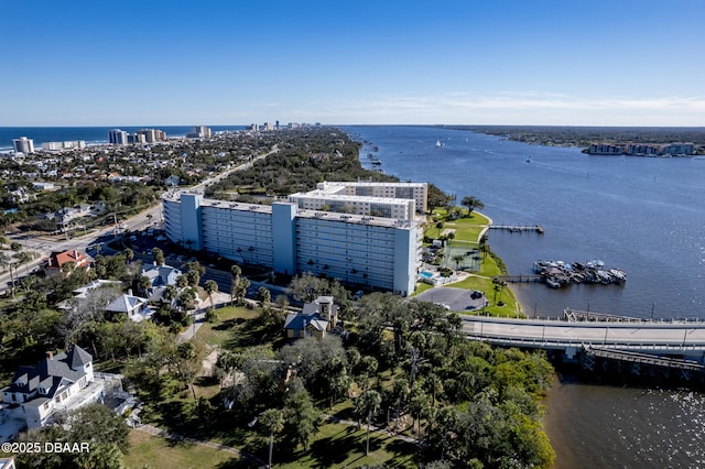 drone / aerial view featuring a water view