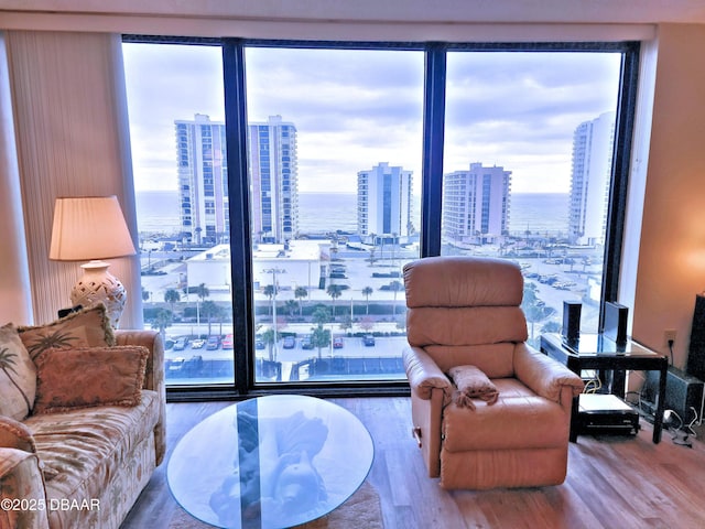 interior space with expansive windows, a city view, and wood finished floors