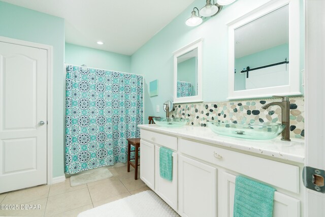 1748 Savannah Ln, Port Orange, FL 32128 - bathroom with tile patterned flooring, double vanity, tasteful backsplash, and curtained shower