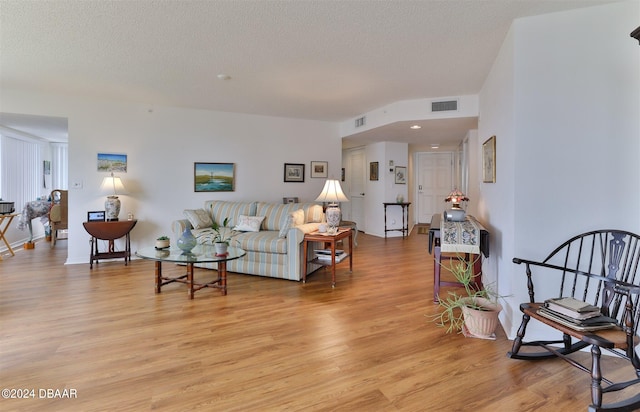 living room featuring a textured ceiling and light hardwood / wood-style flooring