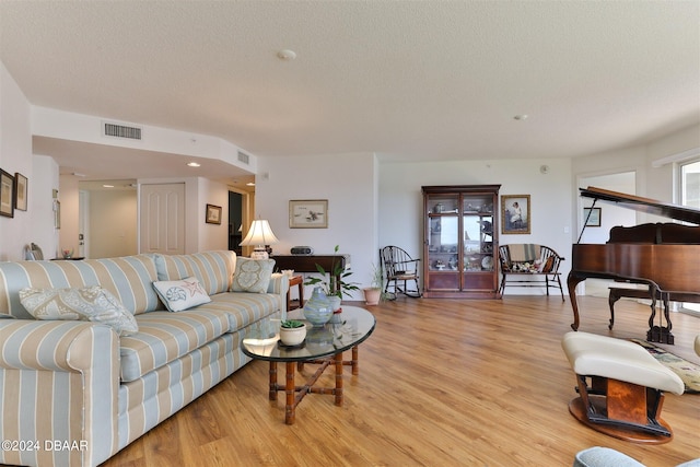 living room with light wood-type flooring, a textured ceiling, and a healthy amount of sunlight