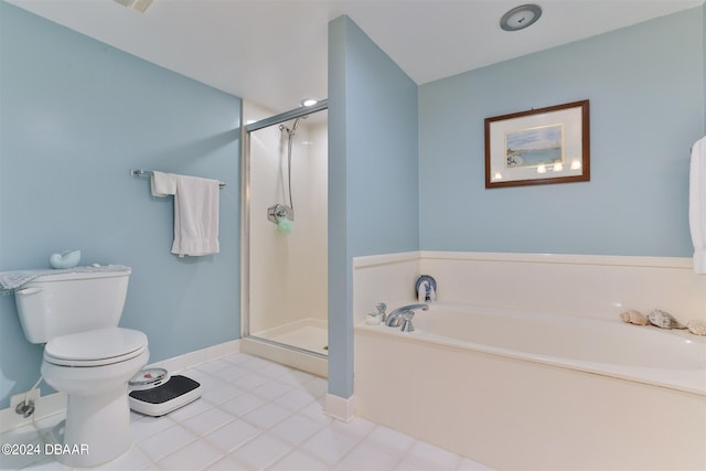 bathroom with tile patterned flooring, toilet, and plus walk in shower