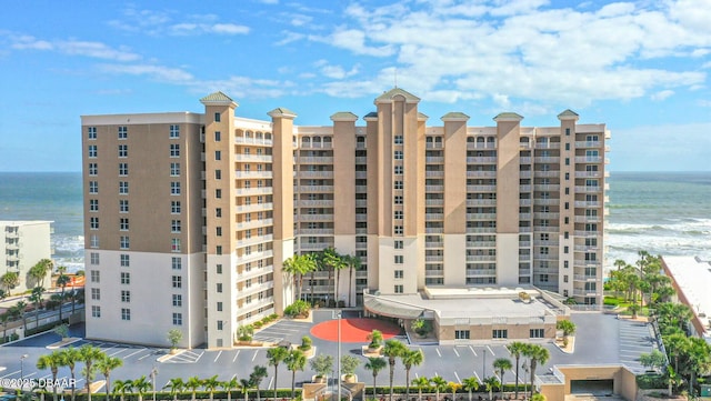 view of building exterior with a water view