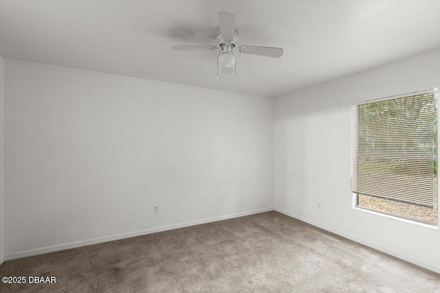 empty room with carpet, baseboards, and a ceiling fan