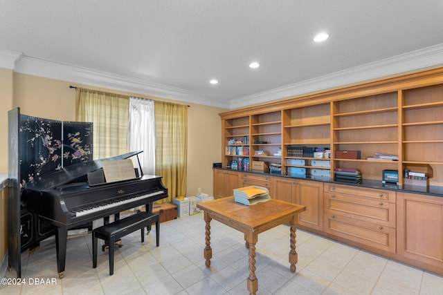 tiled home office with ornamental molding