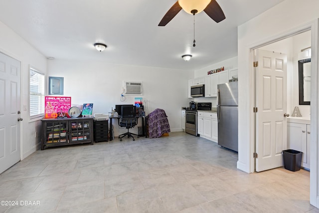 1318 San Jose Blvd, Daytona Beach, FL 32117 - office featuring a wall mounted air conditioner, electric panel, ceiling fan, and baseboards