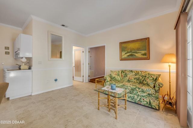 6361 Turtlemound Rd, New Smyrna Beach, FL 32169 - living room with visible vents, ornamental molding, and light tile patterned floors