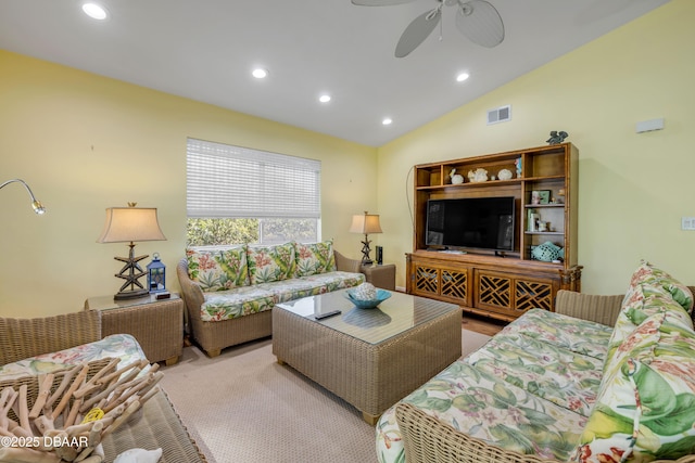6361 Turtlemound Rd, New Smyrna Beach, FL 32169 - living area featuring ceiling fan, vaulted ceiling, recessed lighting, and visible vents