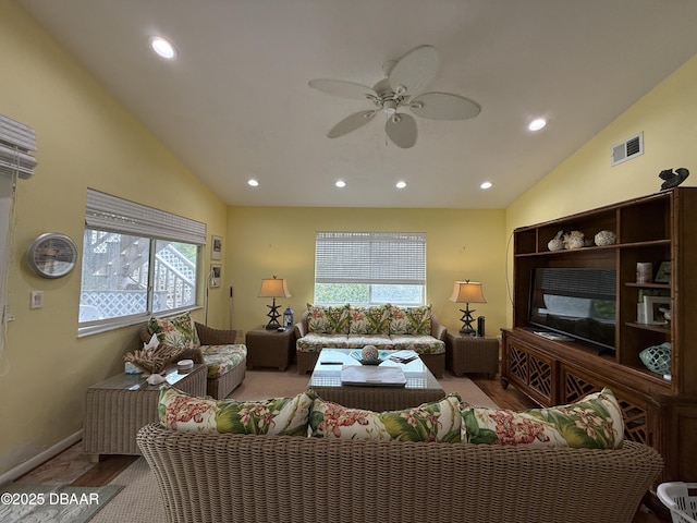 6361 Turtlemound Rd, New Smyrna Beach, FL 32169 - living room with ceiling fan, recessed lighting, wood finished floors, and visible vents
