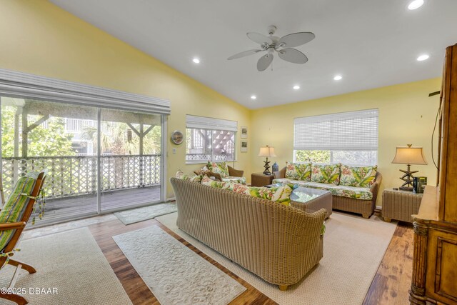 6361 Turtlemound Rd, New Smyrna Beach, FL 32169 - living room featuring recessed lighting, light wood finished floors, ceiling fan, and vaulted ceiling