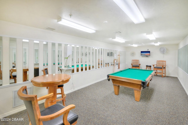 rec room featuring carpet flooring and billiards