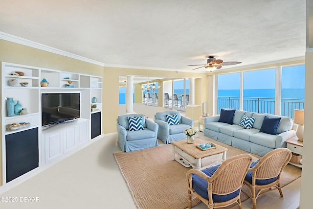 2545 S Atlantic Ave Unit 2107 2108, Daytona Beach Shores, FL 32118 - living area featuring ornate columns, crown molding, a water view, and ceiling fan