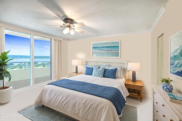 2545 S Atlantic Ave Unit 2107 2108, Daytona Beach Shores, FL 32118 - bedroom with a water view, light carpet, crown molding, and a ceiling fan