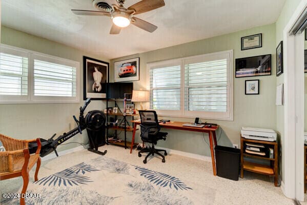 office featuring light colored carpet and ceiling fan