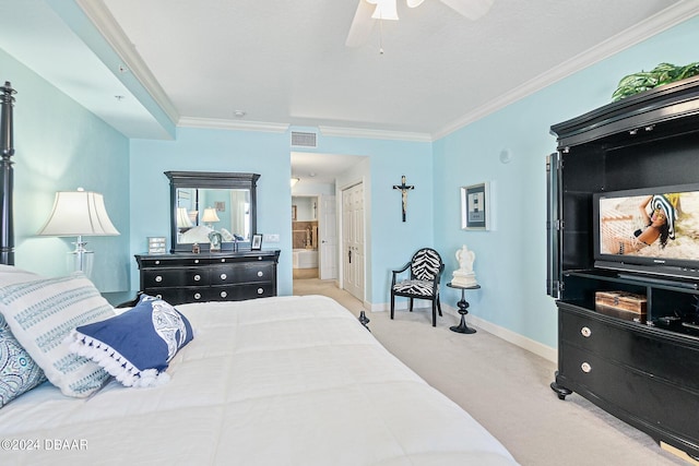 bedroom with crown molding, light carpet, and ceiling fan