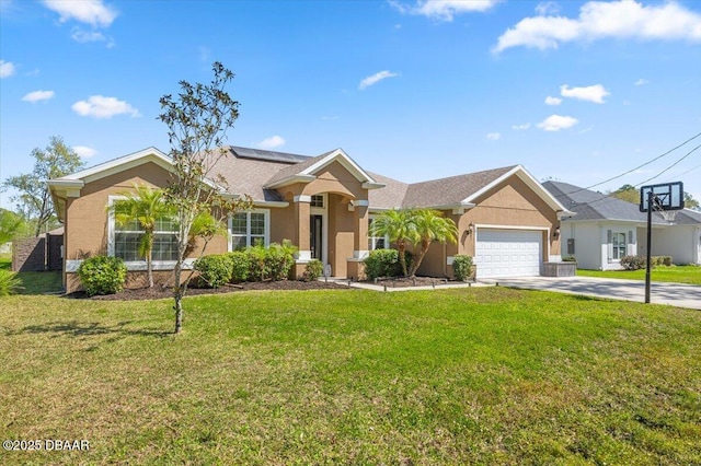 ranch-style house featuring a front yard, a garage, driveway, and stucco siding