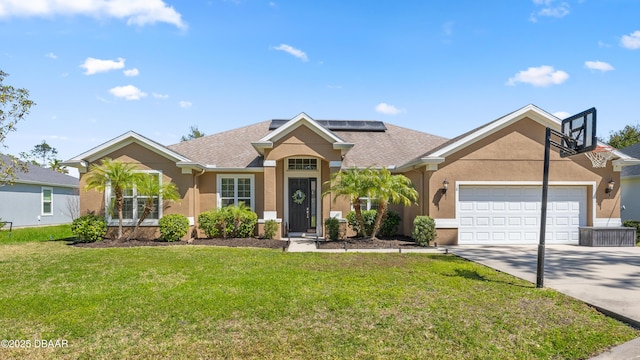 ranch-style house with solar panels, a front lawn, an attached garage, and stucco siding