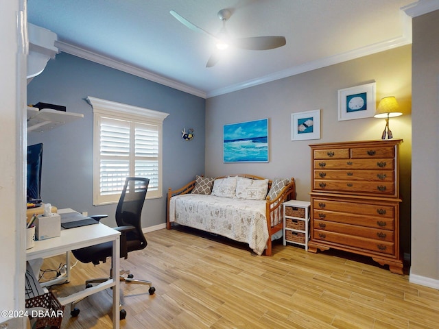 bedroom with ornamental molding, light wood-type flooring, and ceiling fan