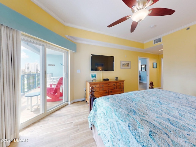 bedroom featuring crown molding, ceiling fan, and access to exterior