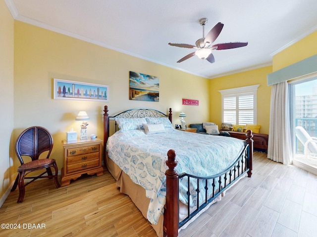 bedroom with light hardwood / wood-style floors, ceiling fan, multiple windows, and crown molding