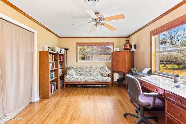 office featuring ceiling fan, light hardwood / wood-style flooring, ornamental molding, and a healthy amount of sunlight