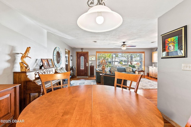 dining space with ceiling fan and light hardwood / wood-style floors