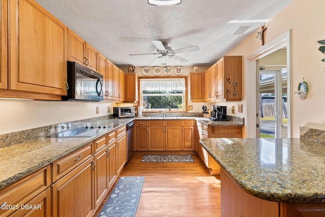 kitchen with light hardwood / wood-style flooring, black appliances, and stone counters