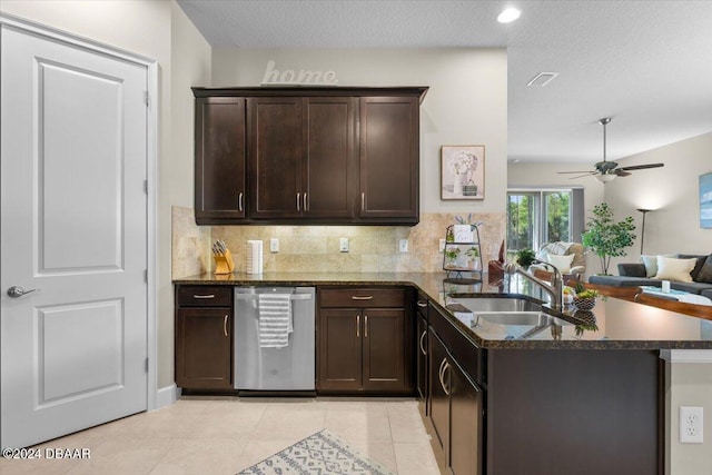 kitchen with kitchen peninsula, stainless steel dishwasher, backsplash, ceiling fan, and sink