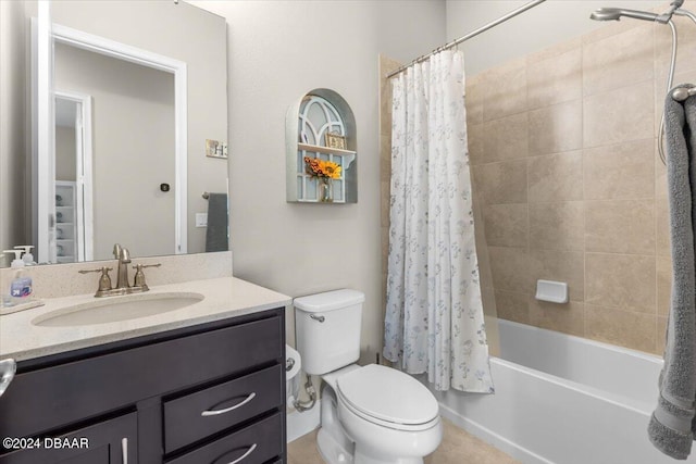 full bathroom with toilet, shower / tub combo with curtain, and vanity