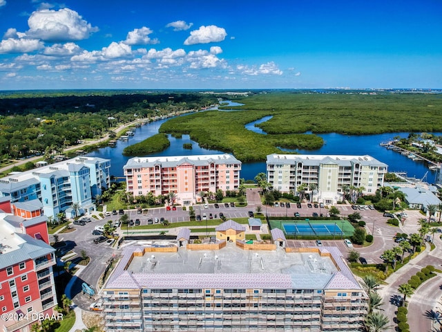 drone / aerial view with a water view