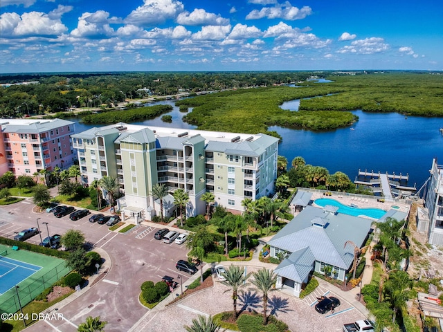 bird's eye view with a water view