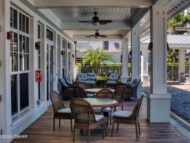 view of patio featuring ceiling fan, outdoor lounge area, and french doors