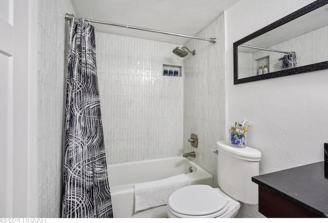 full bathroom with toilet, vanity, and shower / bath combination with curtain