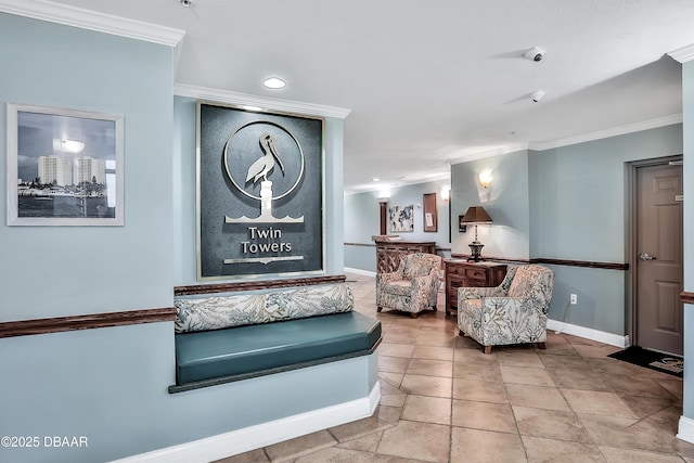 interior space featuring crown molding, baseboards, tile patterned flooring, and recessed lighting
