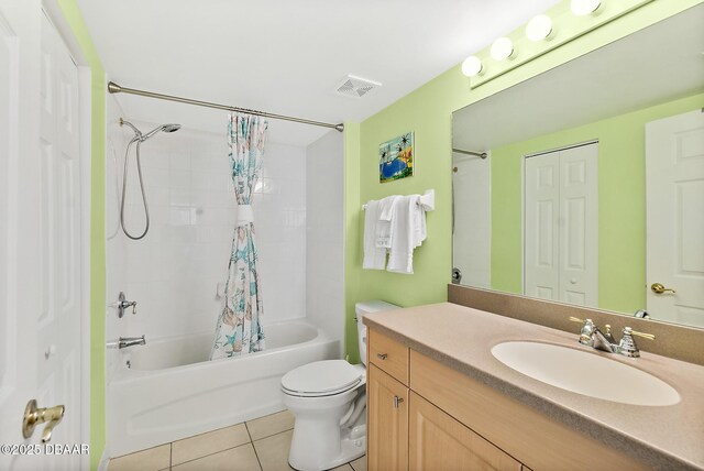 bathroom with toilet, shower / bath combo with shower curtain, visible vents, tile patterned flooring, and vanity