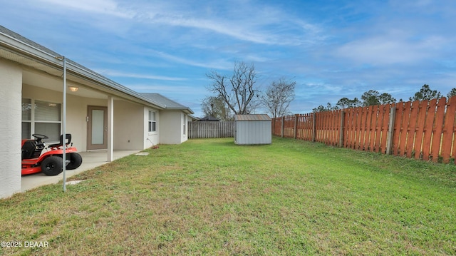 view of yard with a patio and a storage unit