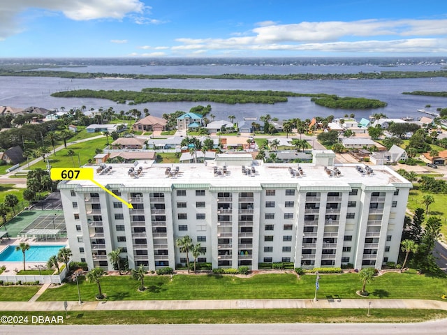 aerial view featuring a water view