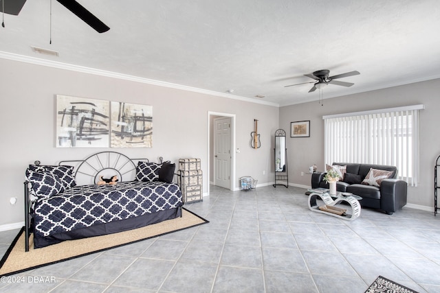 bedroom with light tile patterned floors, ceiling fan, and ornamental molding